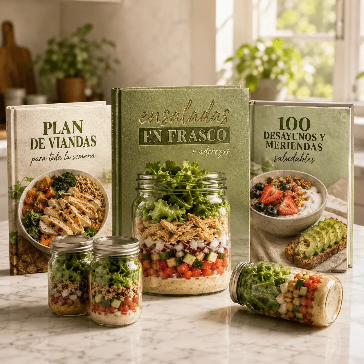 Combo 3x1: 60 Ensaladas en Frasco + 100 Recetas de Desayunos Saludables + Plan de Viandas Semanal